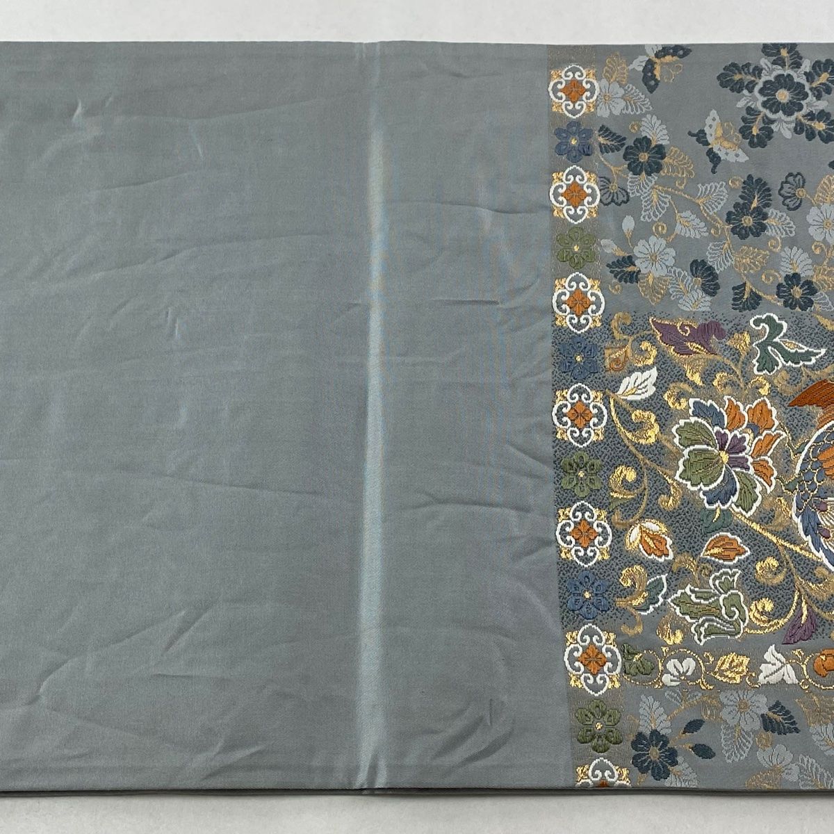 袋帯 秀品 孔雀 花唐草 金糸 箔 青灰色 六通 正絹 袋帯 帯