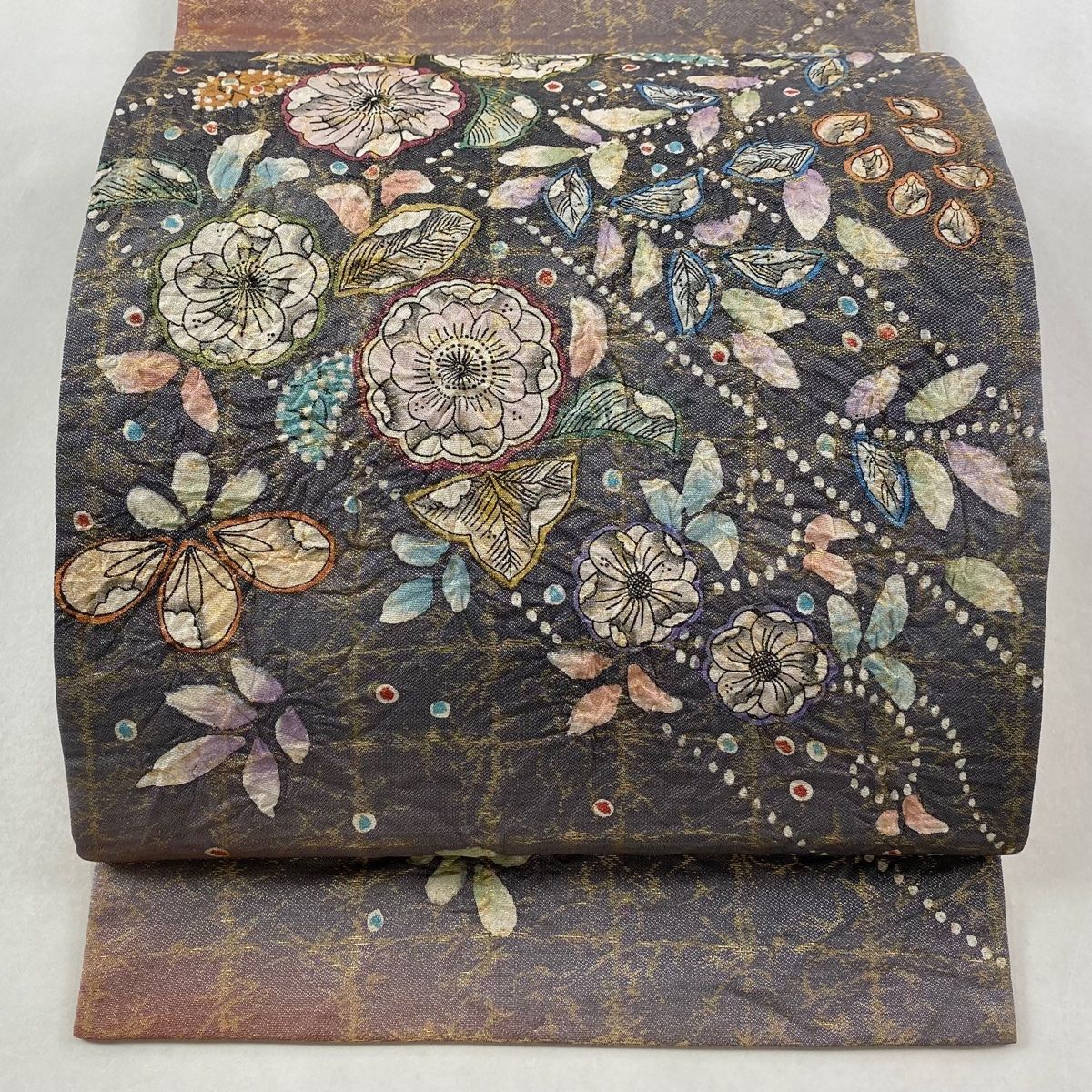 袋帯 秀品 辻が花 箔 赤茶 お太鼓柄 正絹