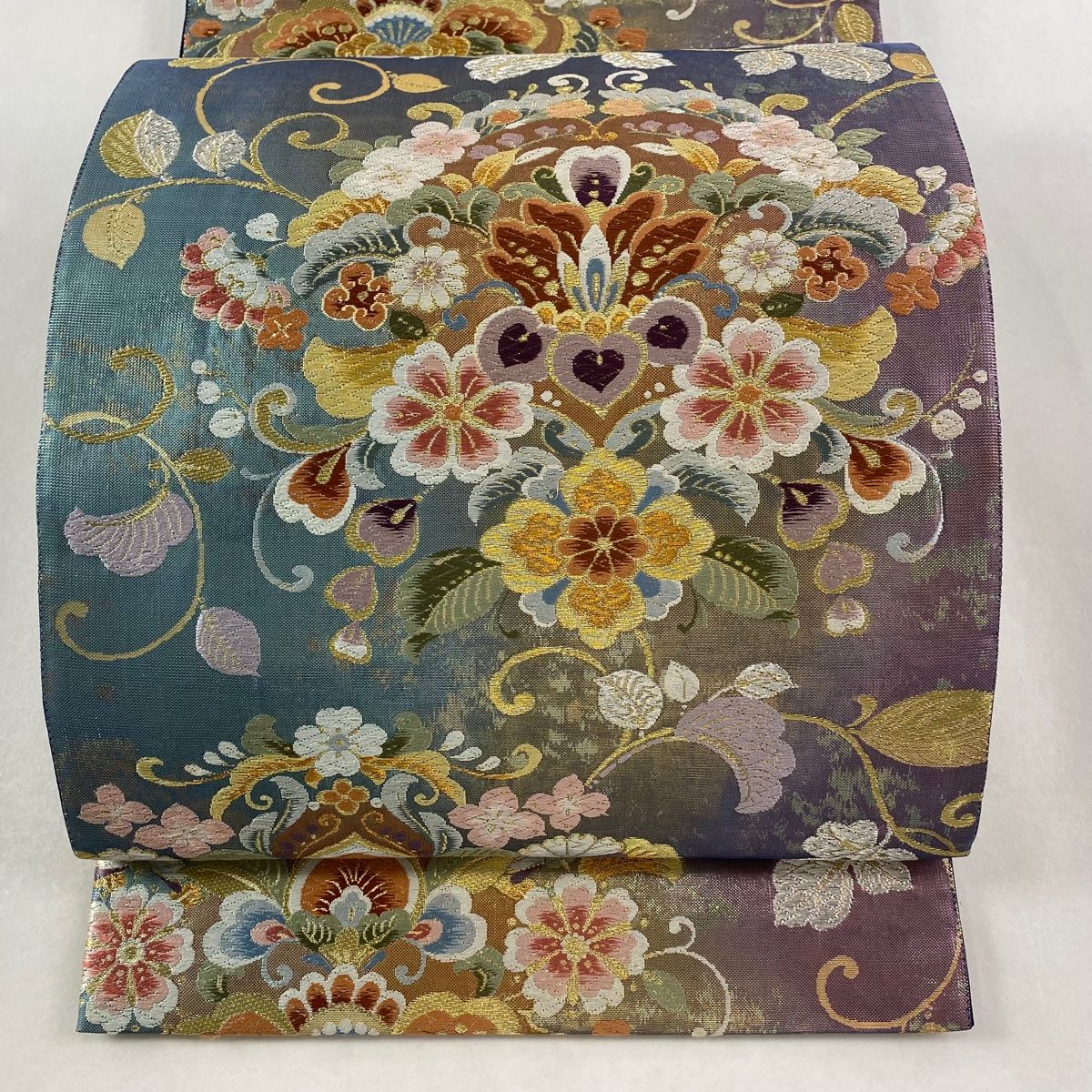 美品】 袋帯 秀品 更紗華文 唐草 金銀糸 唐織 青緑 六通 正絹 【中古