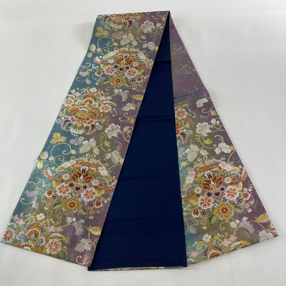 美品】 袋帯 秀品 更紗華文 唐草 金銀糸 唐織 青緑 六通 正絹 【中古