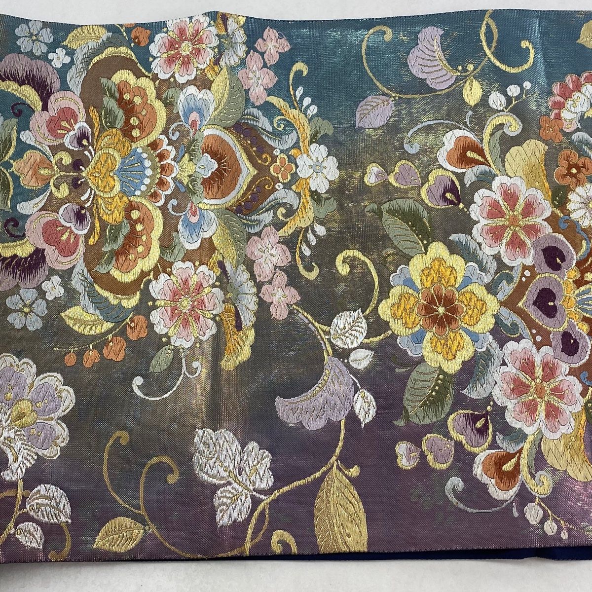 高級正絹袋帯、六通柄、唐花更紗文 美品】 袋帯 秀品 更紗華文 唐草 金銀糸 唐織 青緑 六通 正絹 【中古