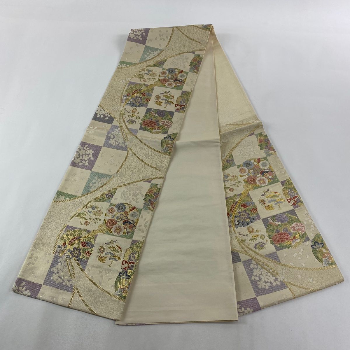  袋帯 秀品 花丸文 宝尽くし 金糸 箔 クリーム 六通 正絹 袋帯 帯