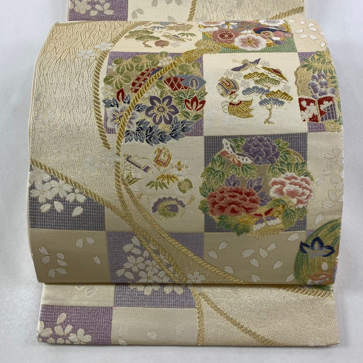 袋帯 秀品 花丸文 宝尽くし 金糸 箔 クリーム 六通 正絹