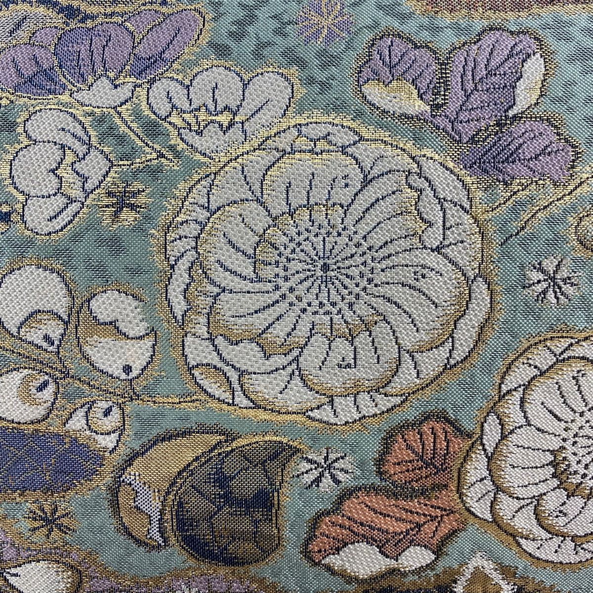 袋帯 秀品 やまと 草花 鳥 ぼかし 箔 灰緑 六通 正絹