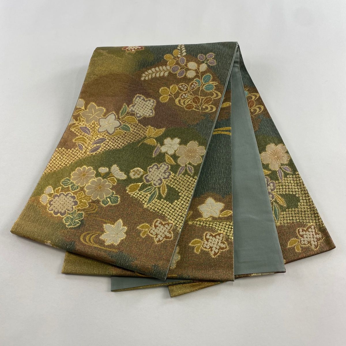 Sale丸特　オーロラ箔　稲穂　揃えの灰緑オリーブ色系箔引き正絹名古屋帯 Sale丸特 オーロラ箔 稲穂 揃えの灰緑オリーブ色系箔引き正絹