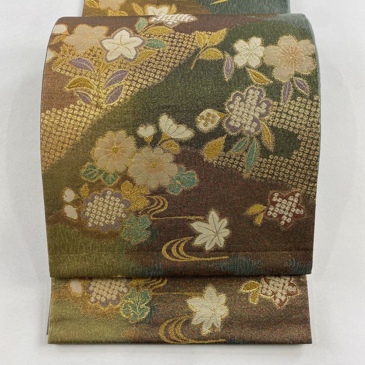 美品】 袋帯 秀品 やまと 秋草 桜 金糸 箔 灰緑 お太鼓柄 正絹 【中古