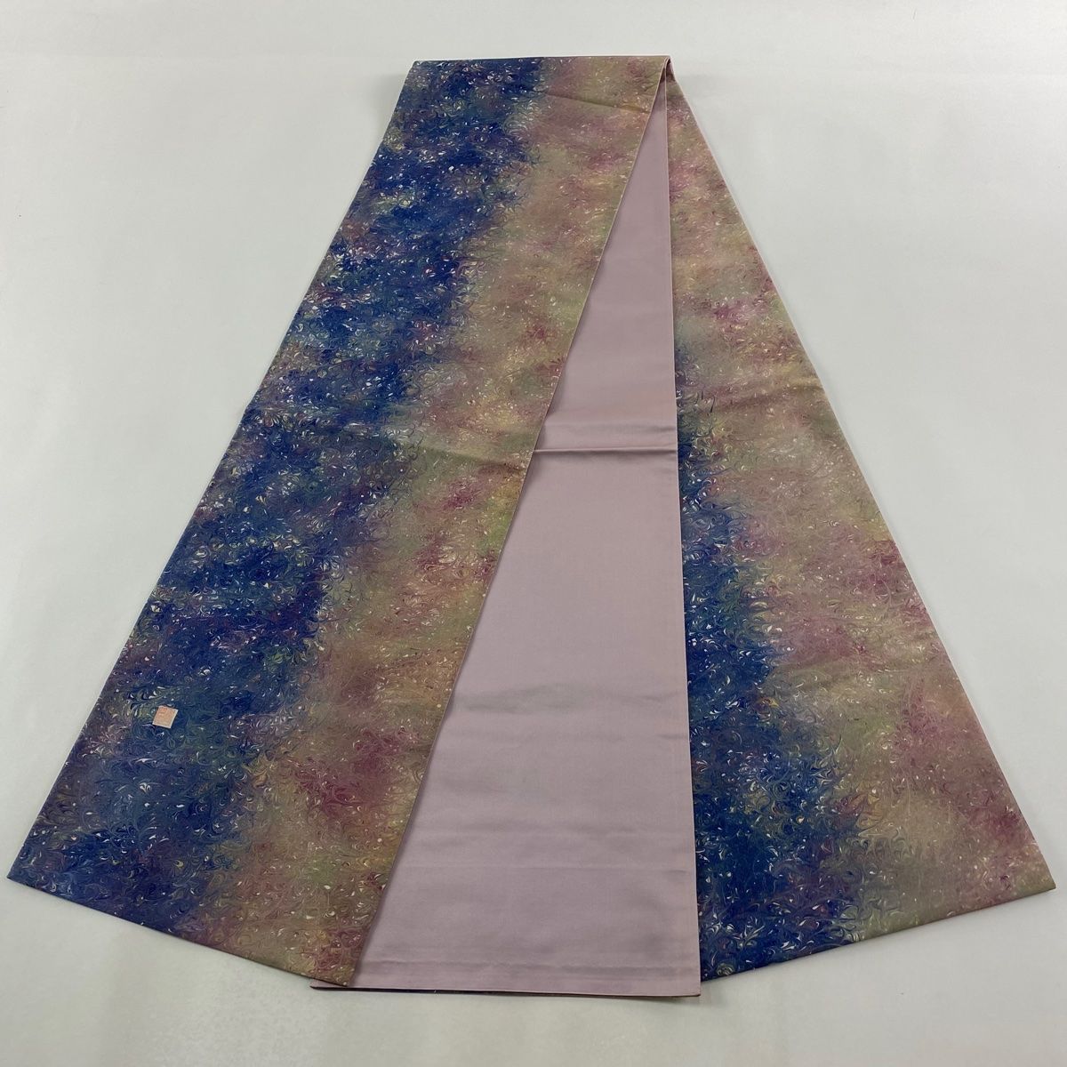 袋帯 秀品 落款 墨流し 金通し ぼかし 青紫 全通 正絹 袋帯 帯