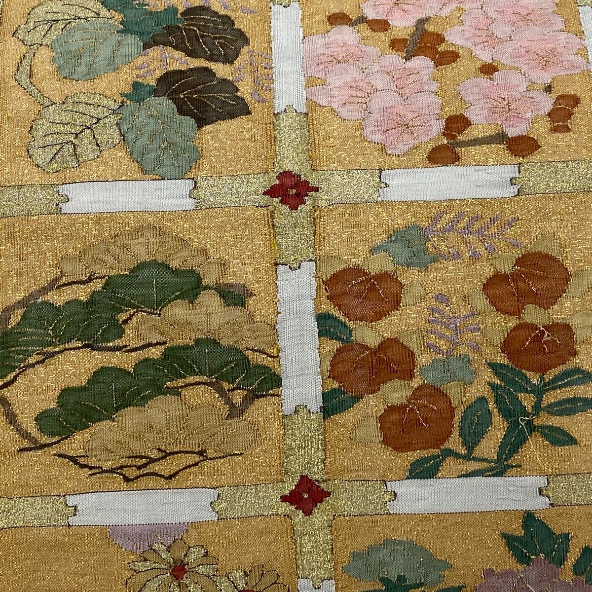 袋帯 秀品 格天井 花丸文 金糸 灰白 お太鼓柄 正絹