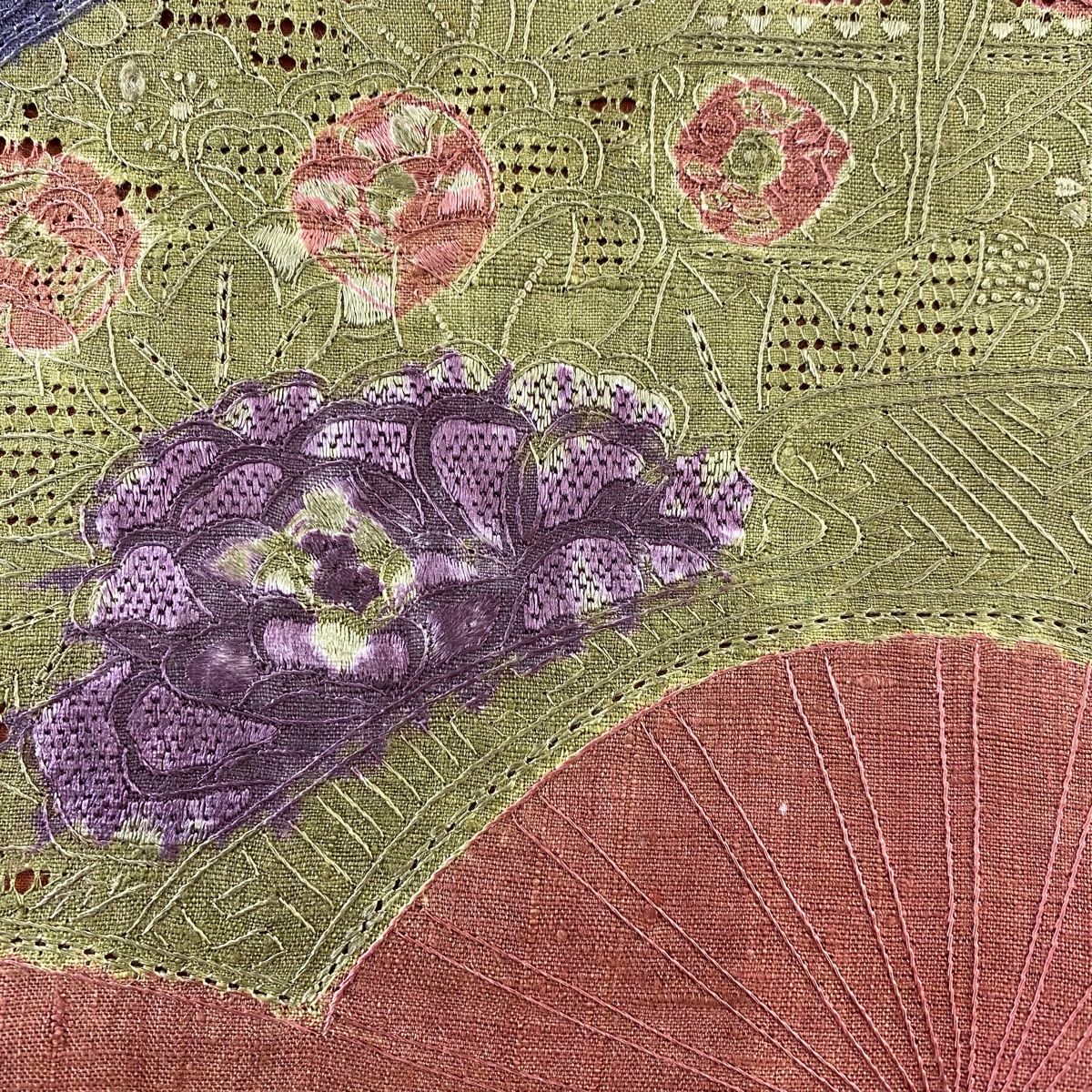 袋帯 秀品 紬地 扇 草花 刺繍 赤茶 お太鼓柄 正絹