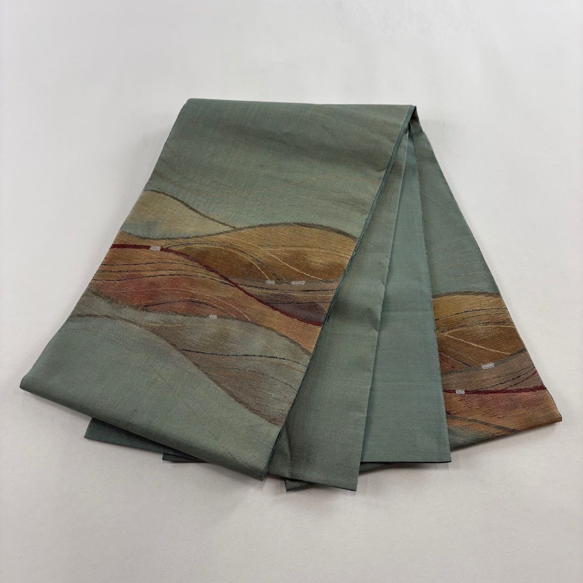  袋帯 秀品 落款 波 幾何学 金銀糸 緑 お太鼓柄 正絹 袋帯 帯