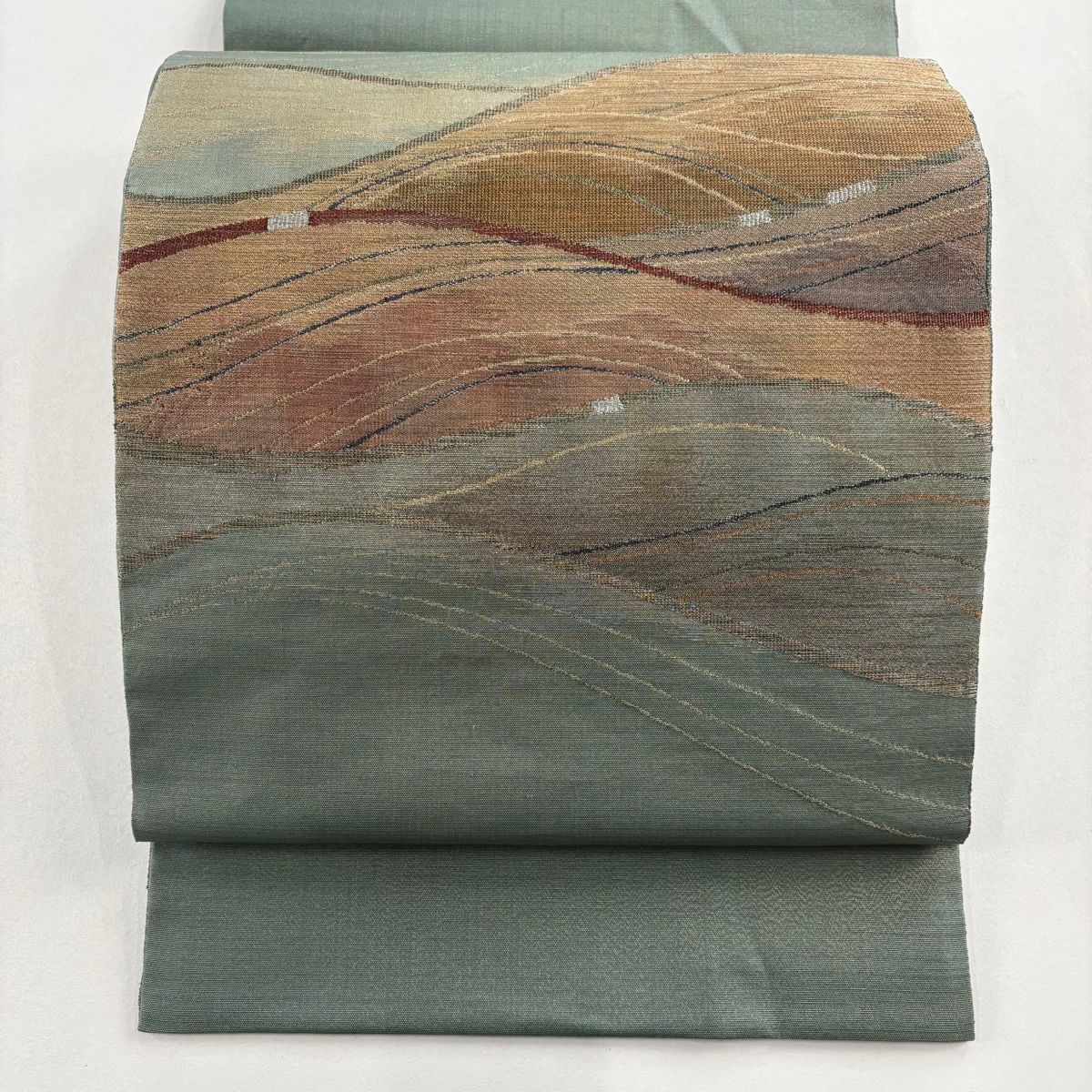 袋帯 秀品 落款 波 幾何学 金銀糸 緑 お太鼓柄 正絹