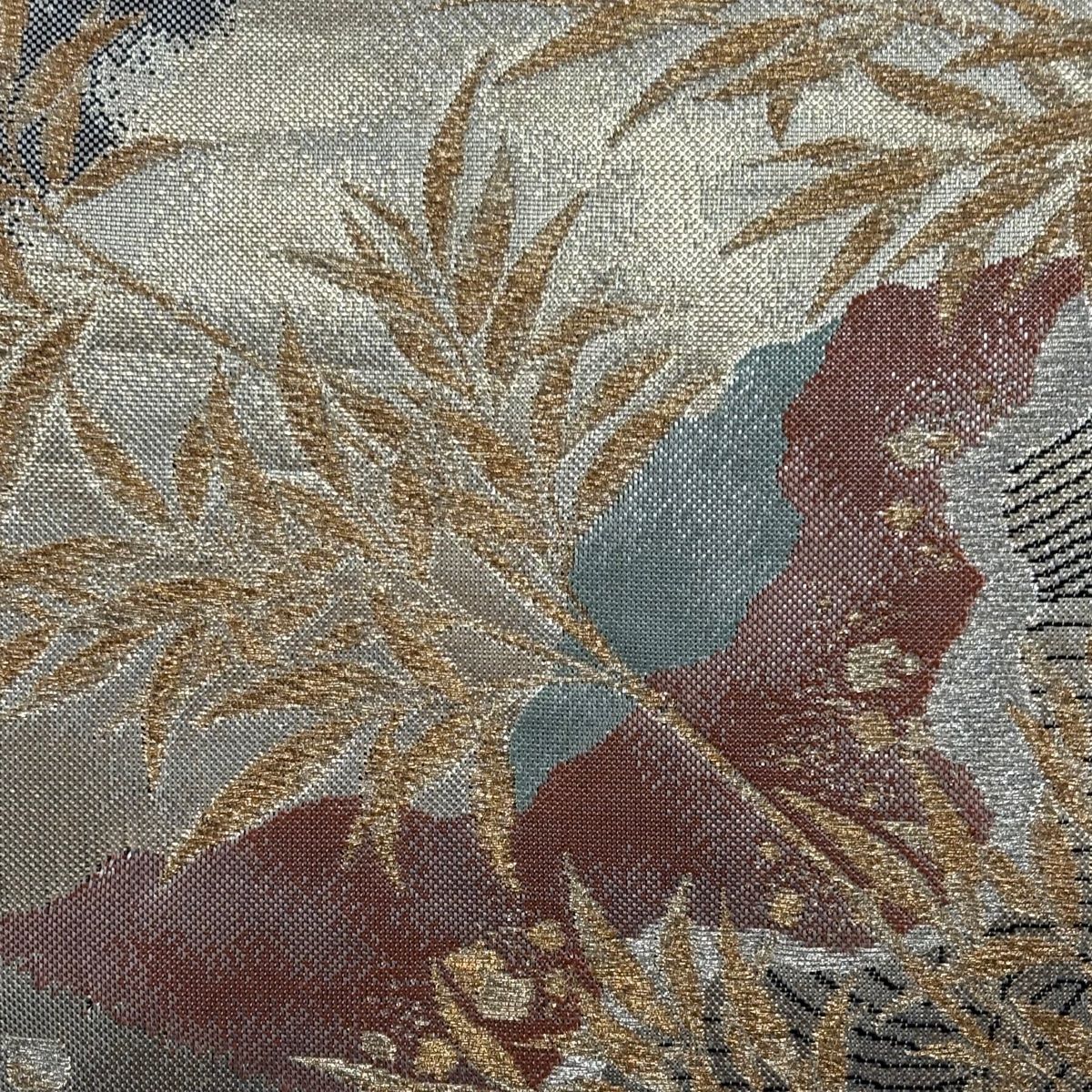 袋帯 秀品 じゅらく 落款 鶴 葉柄 箔 金銀糸 墨色 六通 正絹