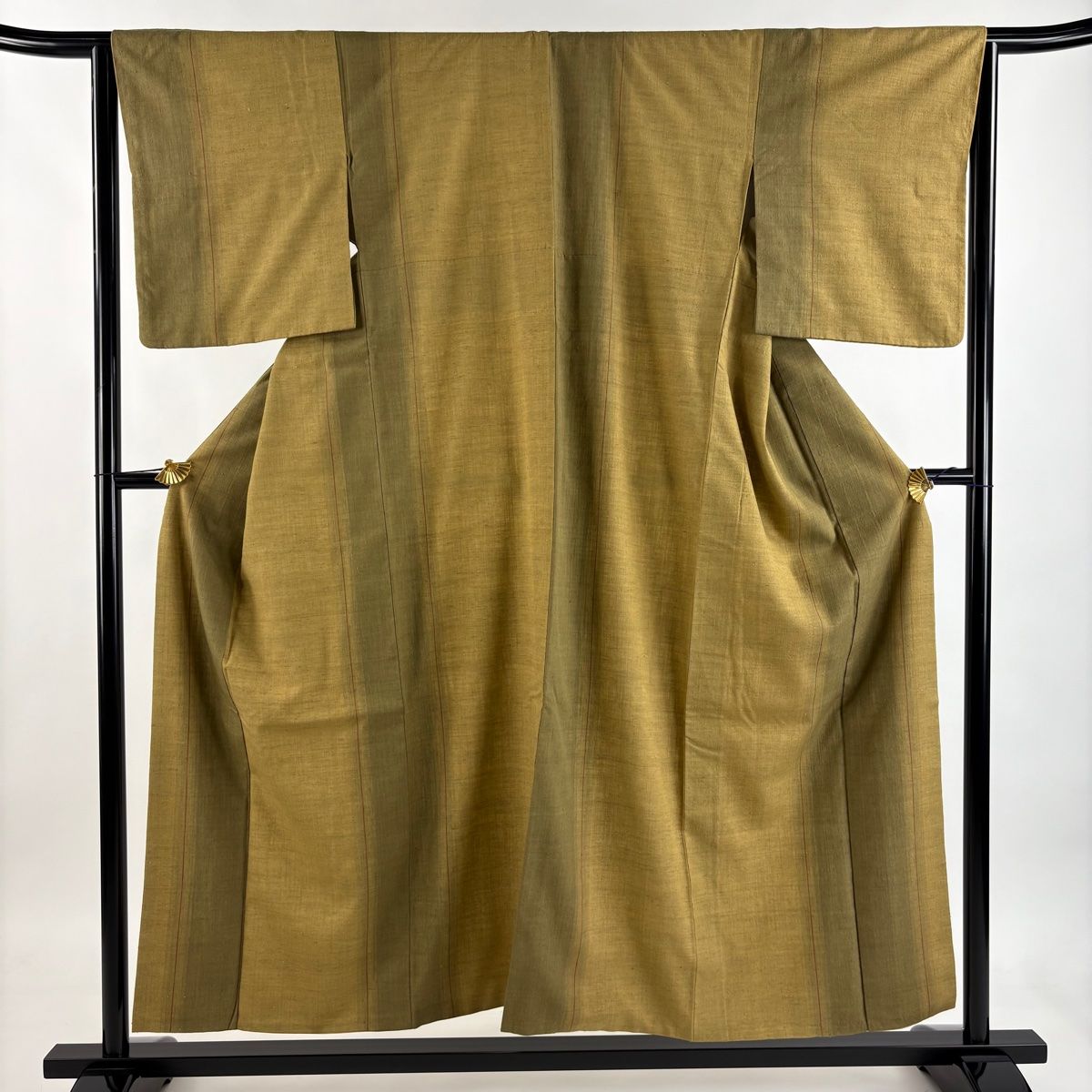 結城紬 身丈155 cm 裄丈64 M 袷 本場結城紬 奥順 縞 黄土色 正絹