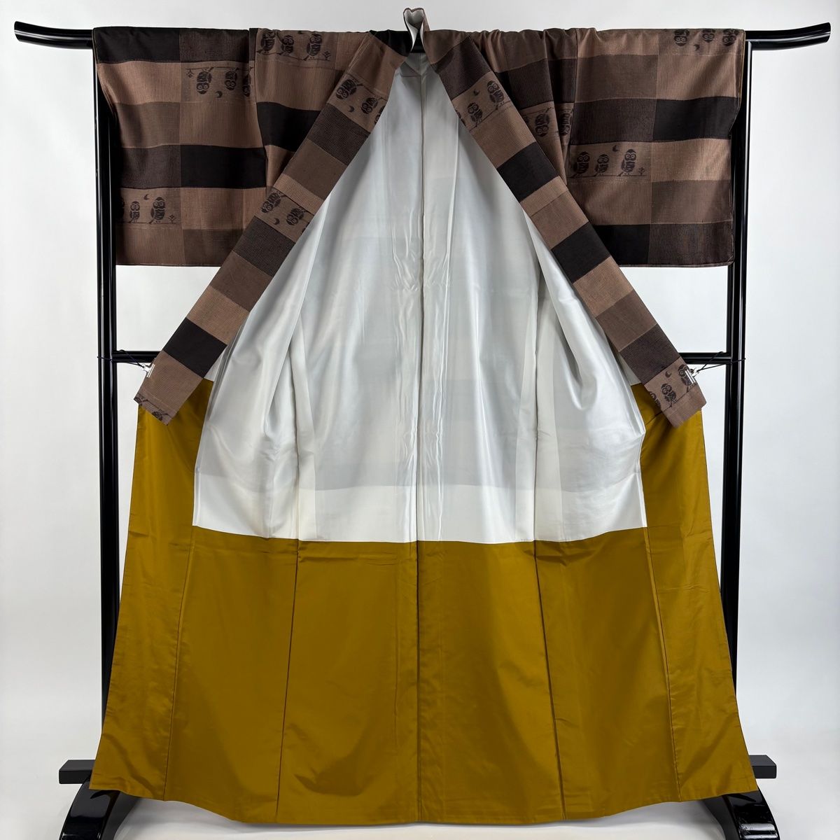  紬 身丈167 cm 裄丈68 5 L 袷 袋帯セット 変わり市松 フクロウ 薄小豆 正絹 紬 着物