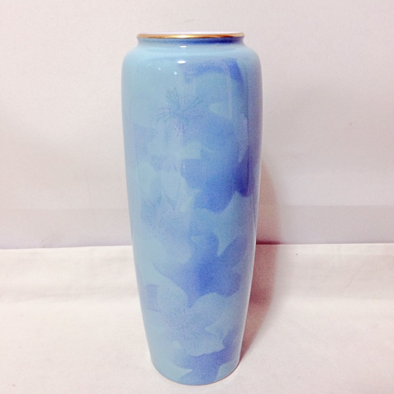 H306 美品 深川製 彩色磁絵 金彩 花瓶 高さ約28㎝ 桜 花柄 水色 木