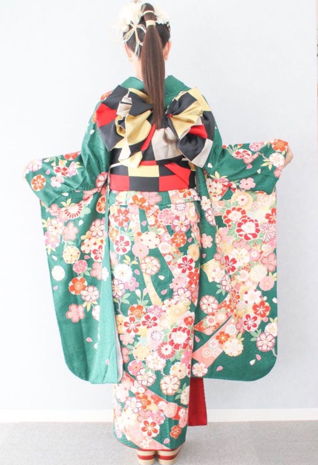 振袖　成人式　フルセット　グリーン　市松 振袖 成人式 フルセット グリーン 市松 - メルカリ