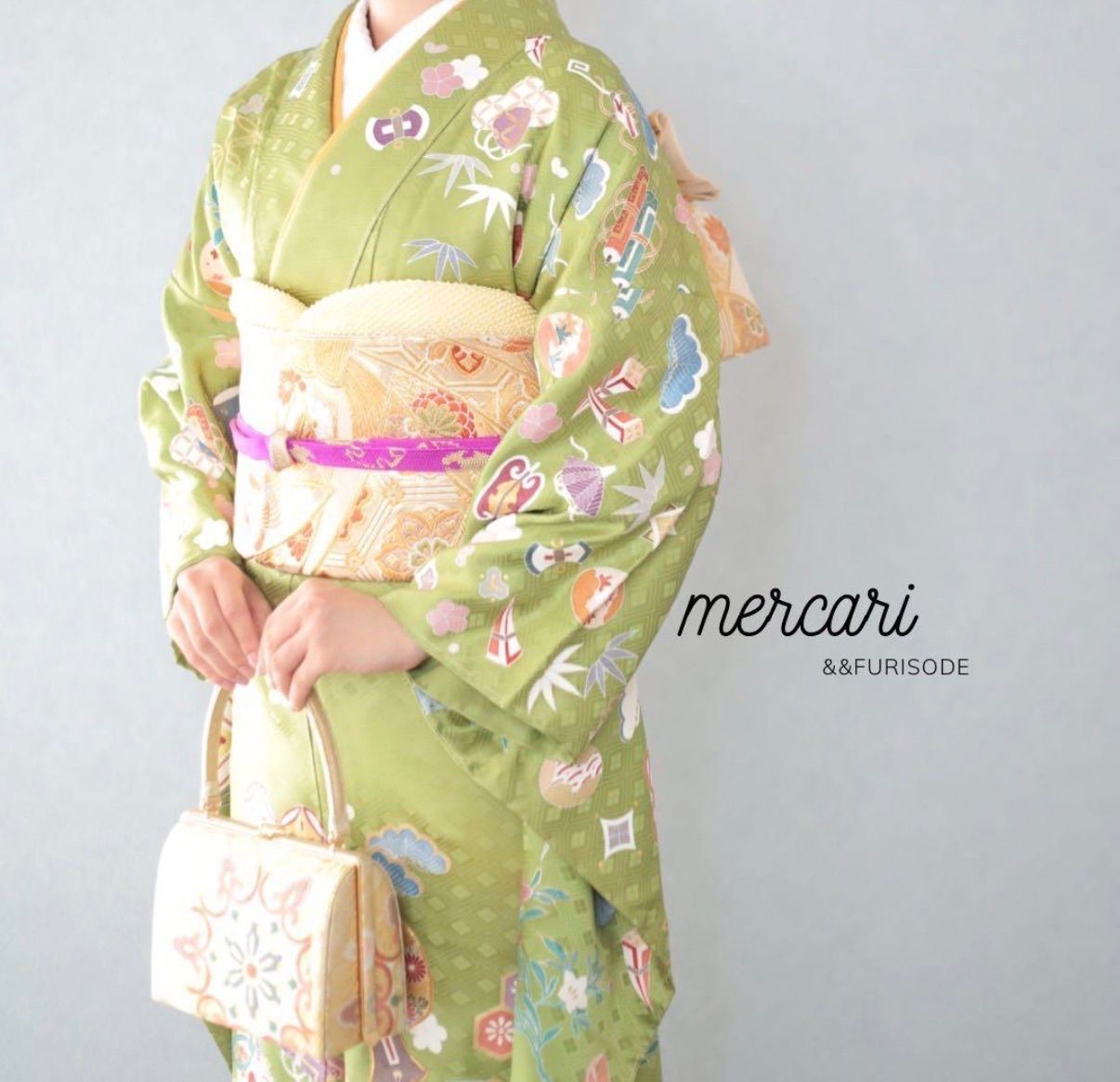 宝尽くし 縁起 振袖 成人式 グリーン セット