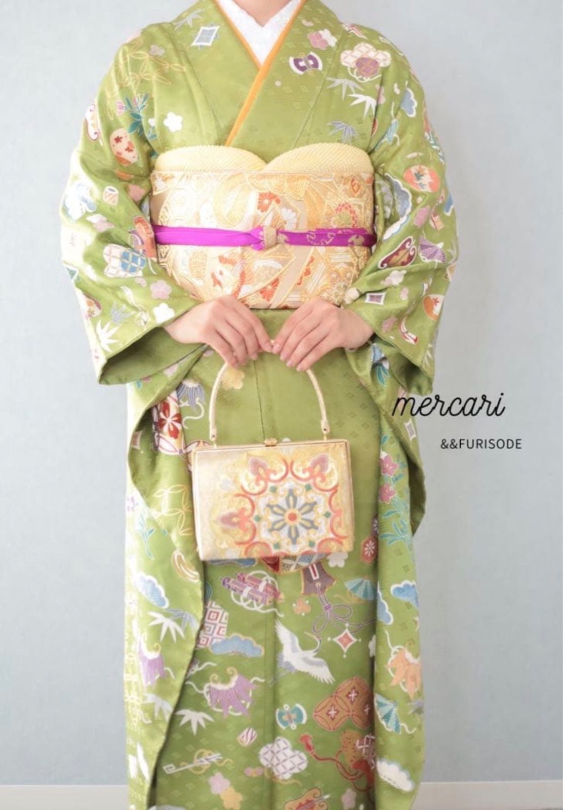 宝尽くし 縁起 振袖 成人式 グリーン セット