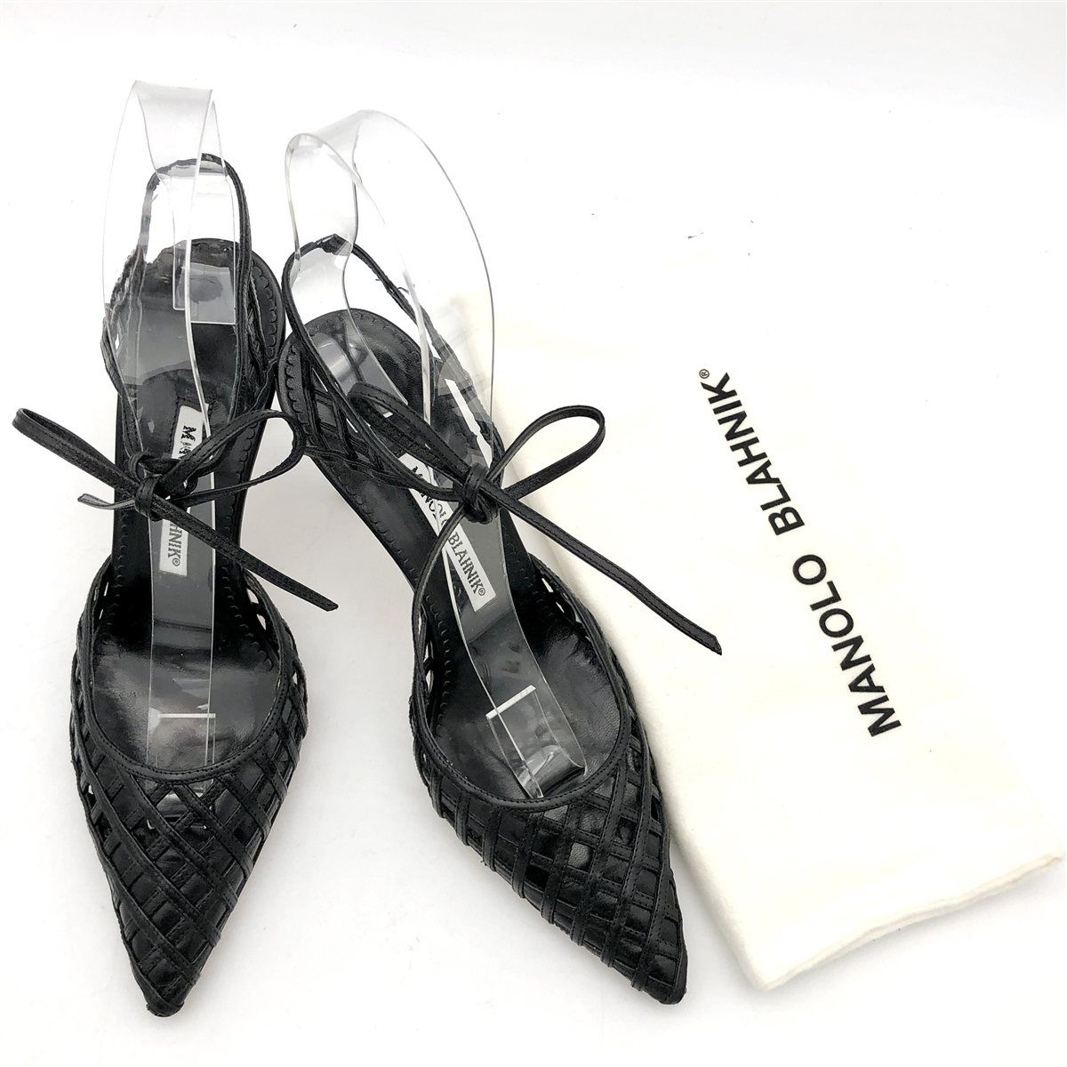 級 保存袋付き MANOLO BLAHNIK ミュール 本革 アンクルストラップ イタリア製 ブラック 2039 A