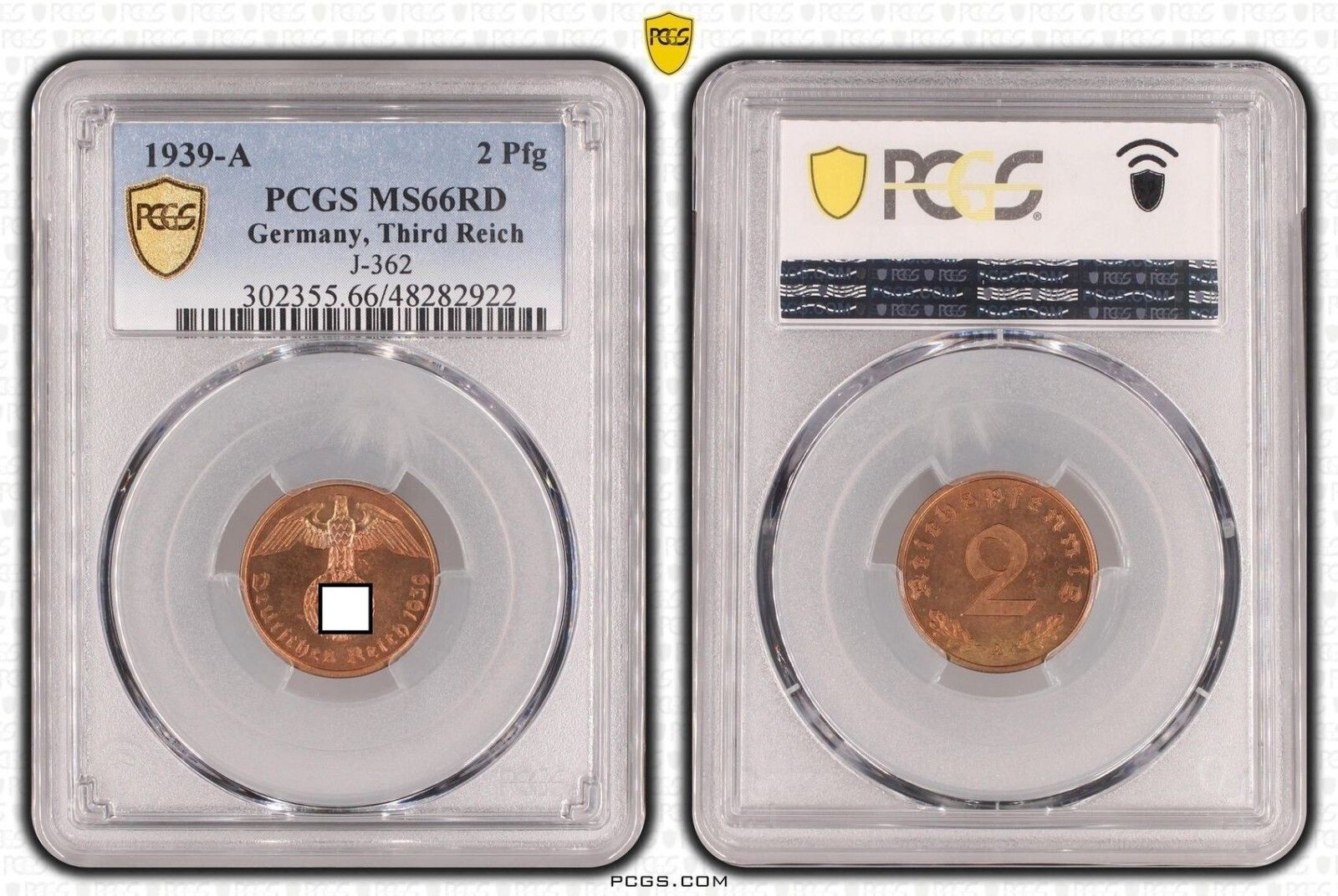 3 ライヒ 2 フェニヒ 1939 A J 362 MS 66 RD
