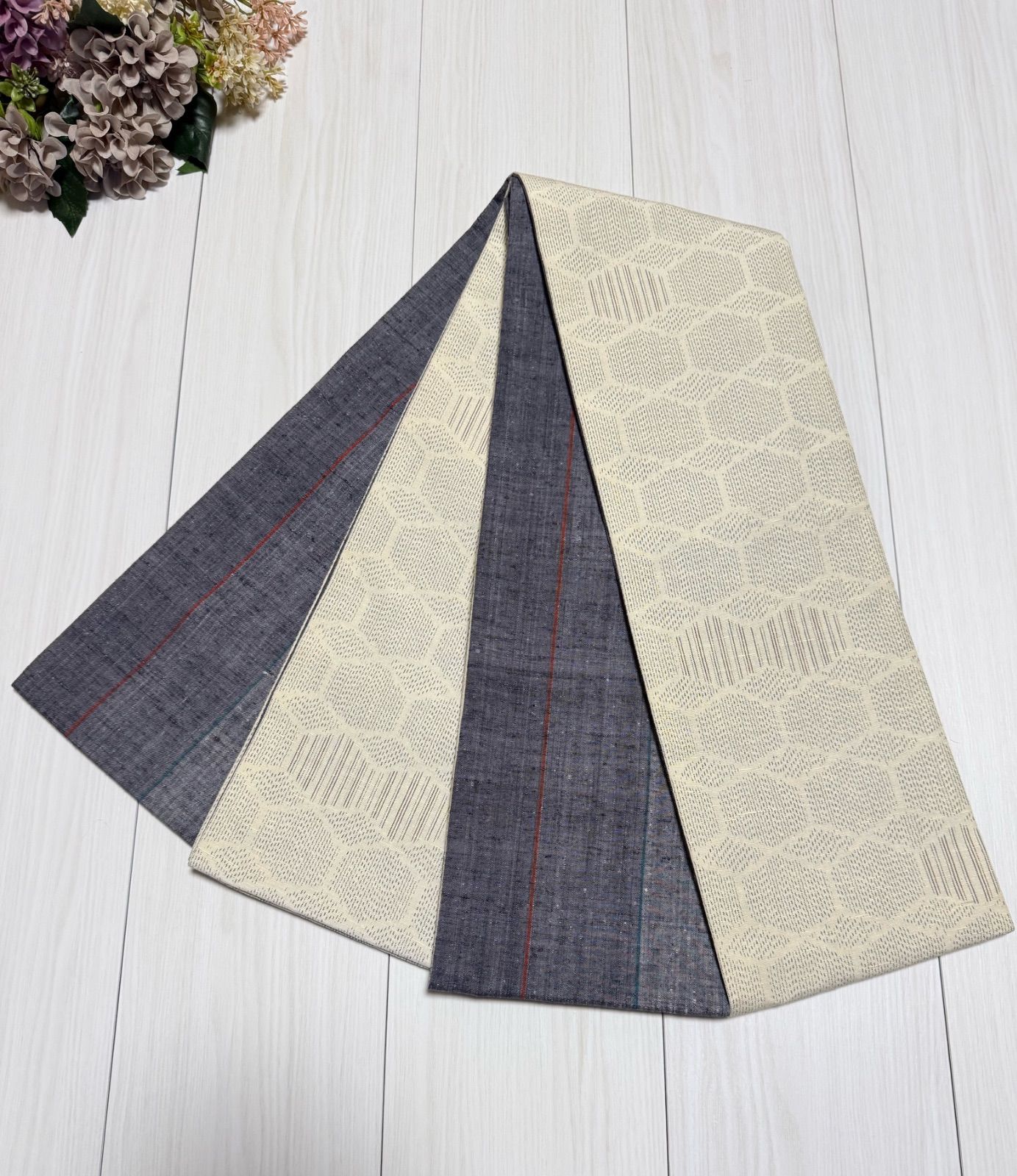 アイボリー×グレーグラデ紬