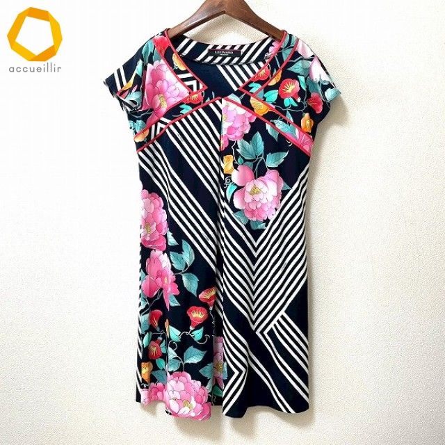 sxc レオナール LEONARD チュニック 40 黒 白 マルチ フレンチスリーブ