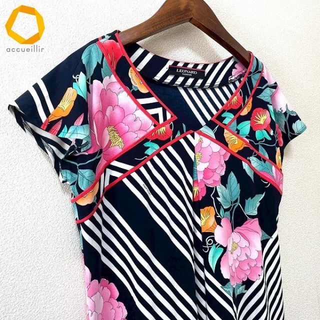 sxc レオナール LEONARD チュニック 40 黒 白 マルチ フレンチスリーブ