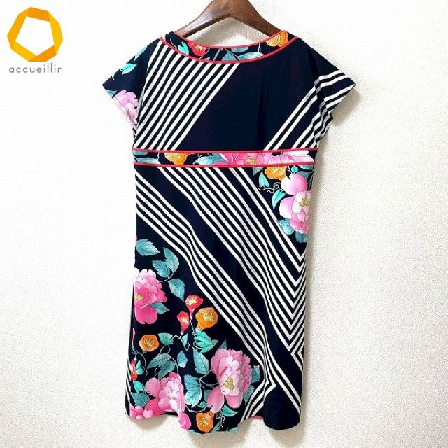 sxc レオナール LEONARD チュニック 40 黒 白 マルチ フレンチスリーブ