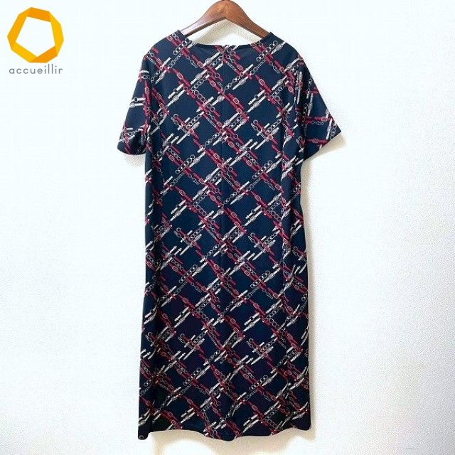 snc レリアン Leilian ワンピース 13 濃紺 赤 ベージュ 半袖 ベルト柄 チェーン柄 大きいサイズ レディース 859272