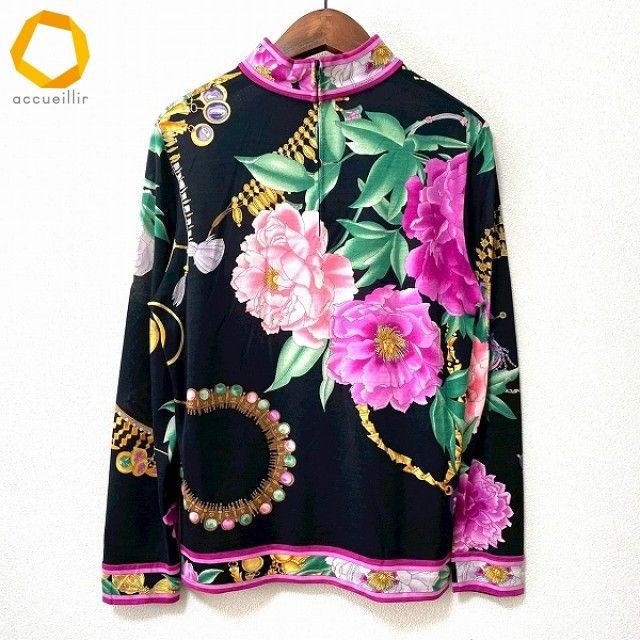 新品　レオナールのピンク花柄カットソー axc レオナール LEONARD カットソー M 黒 ピンク系 マルチ ハイネック