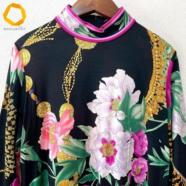 axc レオナール LEONARD カットソー M 黒 ピンク系 マルチ ハイネック