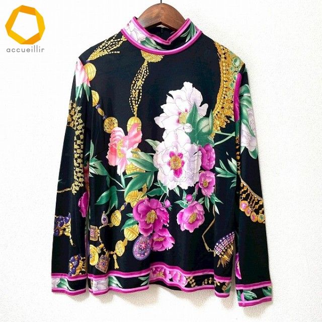 axc レオナール LEONARD カットソー M 黒 ピンク系 マルチ ハイネック