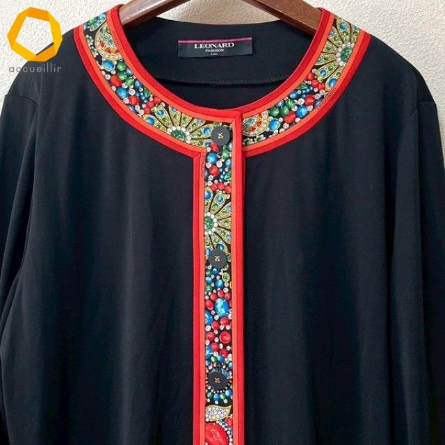 anc レオナール LEONARD ジャケット LL 黒 オレンジ マルチ ノーカラー