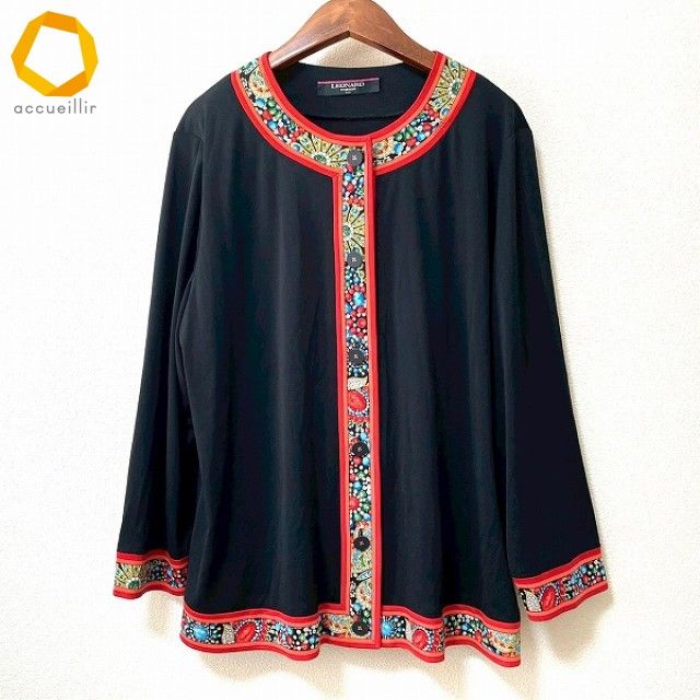 anc レオナール LEONARD ジャケット LL 黒 オレンジ マルチ ノーカラー