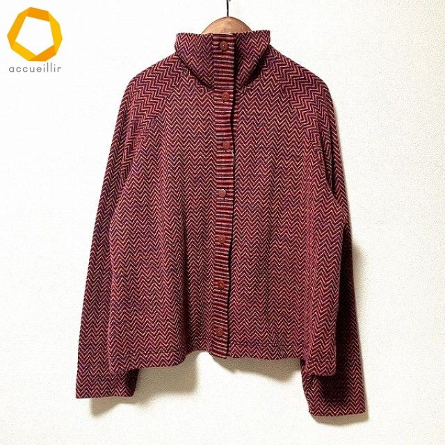 wnc ミッソーニ MISSONI DONNA カーディガン 44 赤系 黒 マルチ ヴィンテージ ハイネック シェブロン イタリア製 レディース 974014