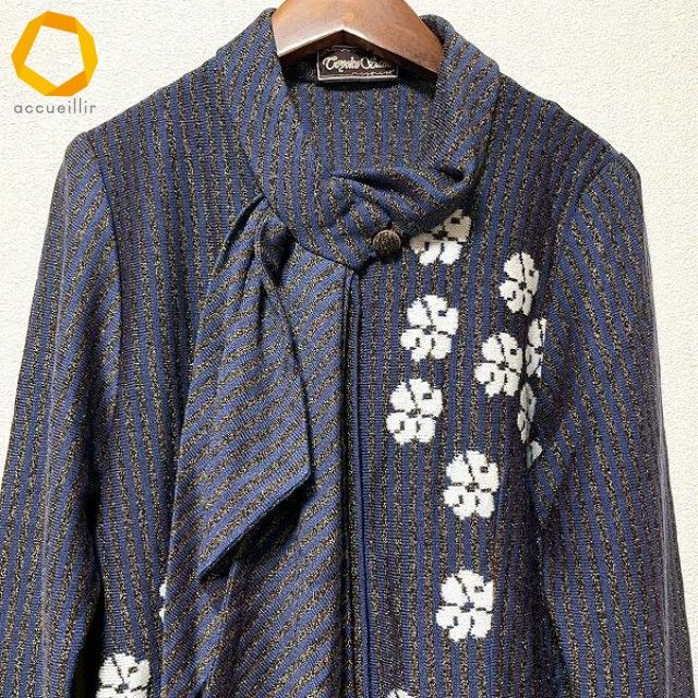 専用 斎藤都世子　ニット　濃紺ドット　上着裾フレアー　スーツ wnc サイトウトヨコ 斉藤都世子 セットアップ パンツ 紺 ニット