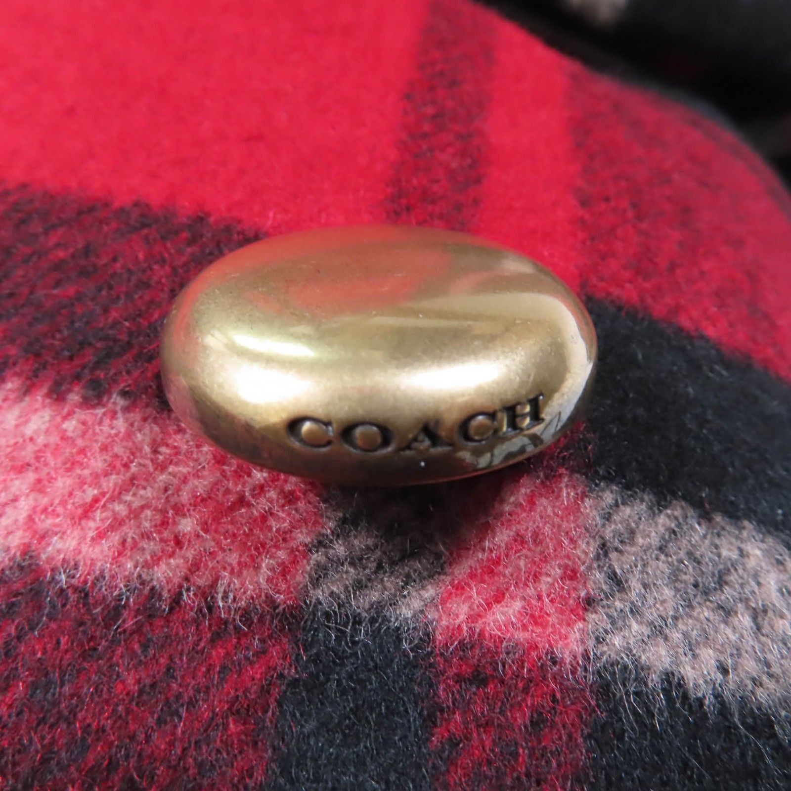 極美品☆COACH コーチ ウール チェック柄 メタルロゴボタン ロゴレザー