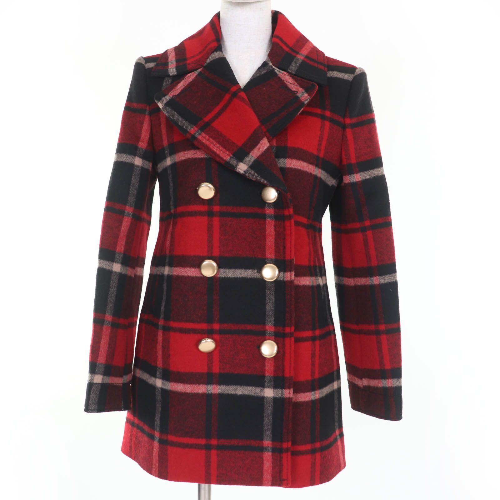 COACH / コート/O/アクリル/BRD/チェック/78970/チェック柄 中綿コート 極美品☆COACH コーチ ウール チェック柄 メタルロゴボタン ロゴレザー