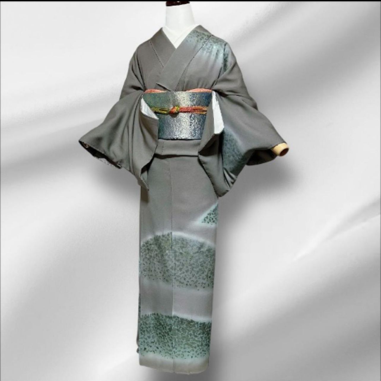 美品 袷 正絹 金箔 訪問着 フルセット 西陣唐織漆箔袋帯 ゆったり 裄67