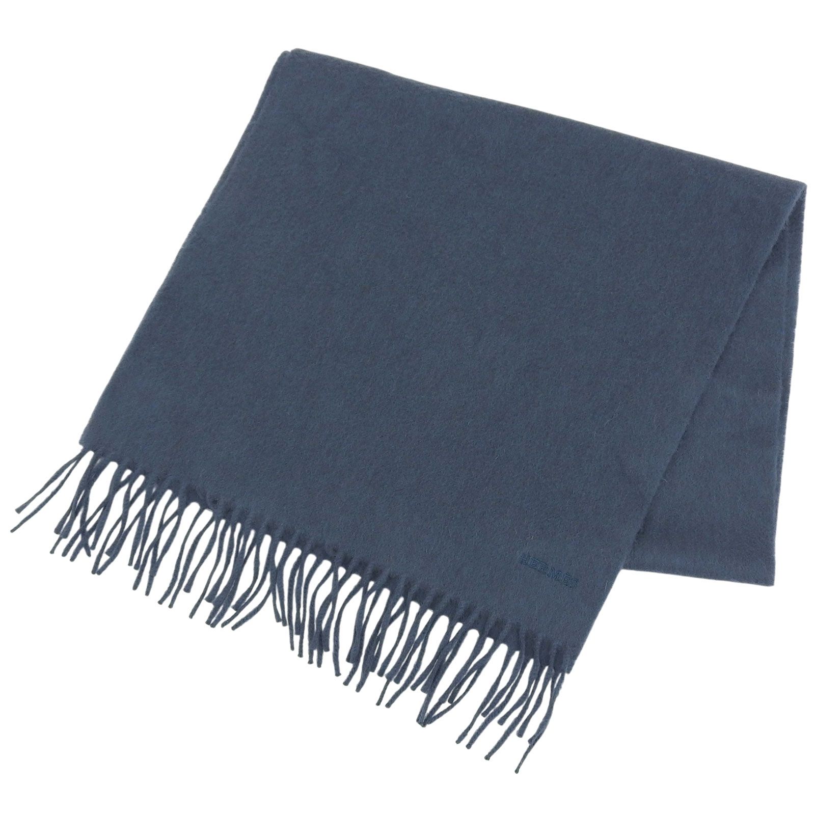 極美品△HERMES エルメス カシミヤ100％ ロゴ刺繡・フリンジ付き