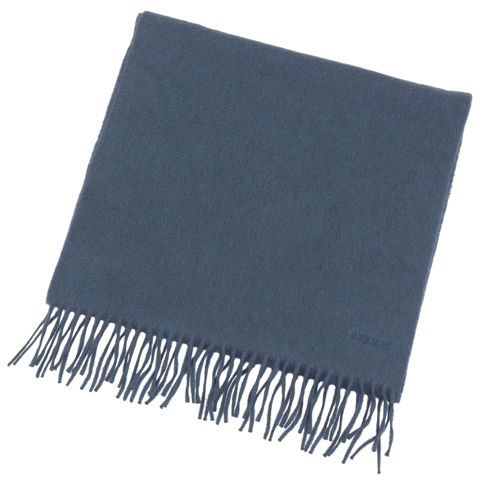 極美品△HERMES エルメス カシミヤ100％ ロゴ刺繡・フリンジ付き