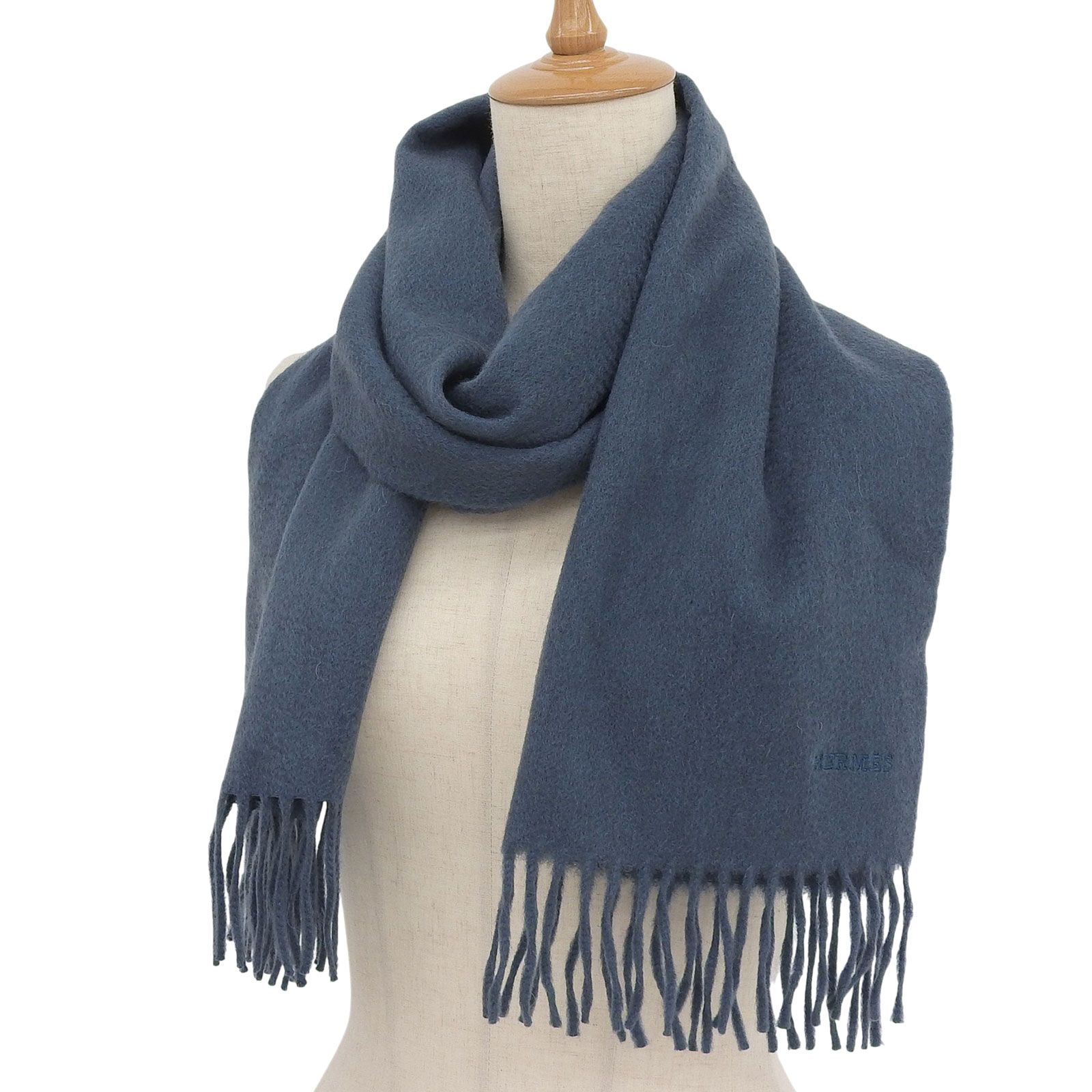 極美品△HERMES エルメス カシミヤ100％ ロゴ刺繡・フリンジ付き