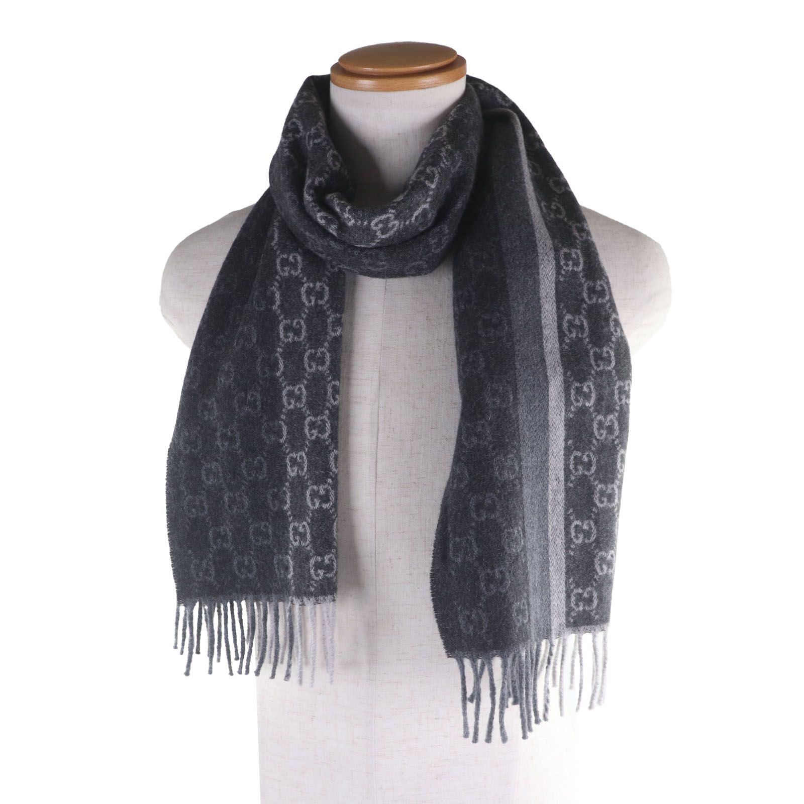 美品　GUCCI GGパターン マフラー ウール カシミヤ　チャコールグレー 極美品▽GUCCI グッチ 391530 カシミヤ ウール GGパターン