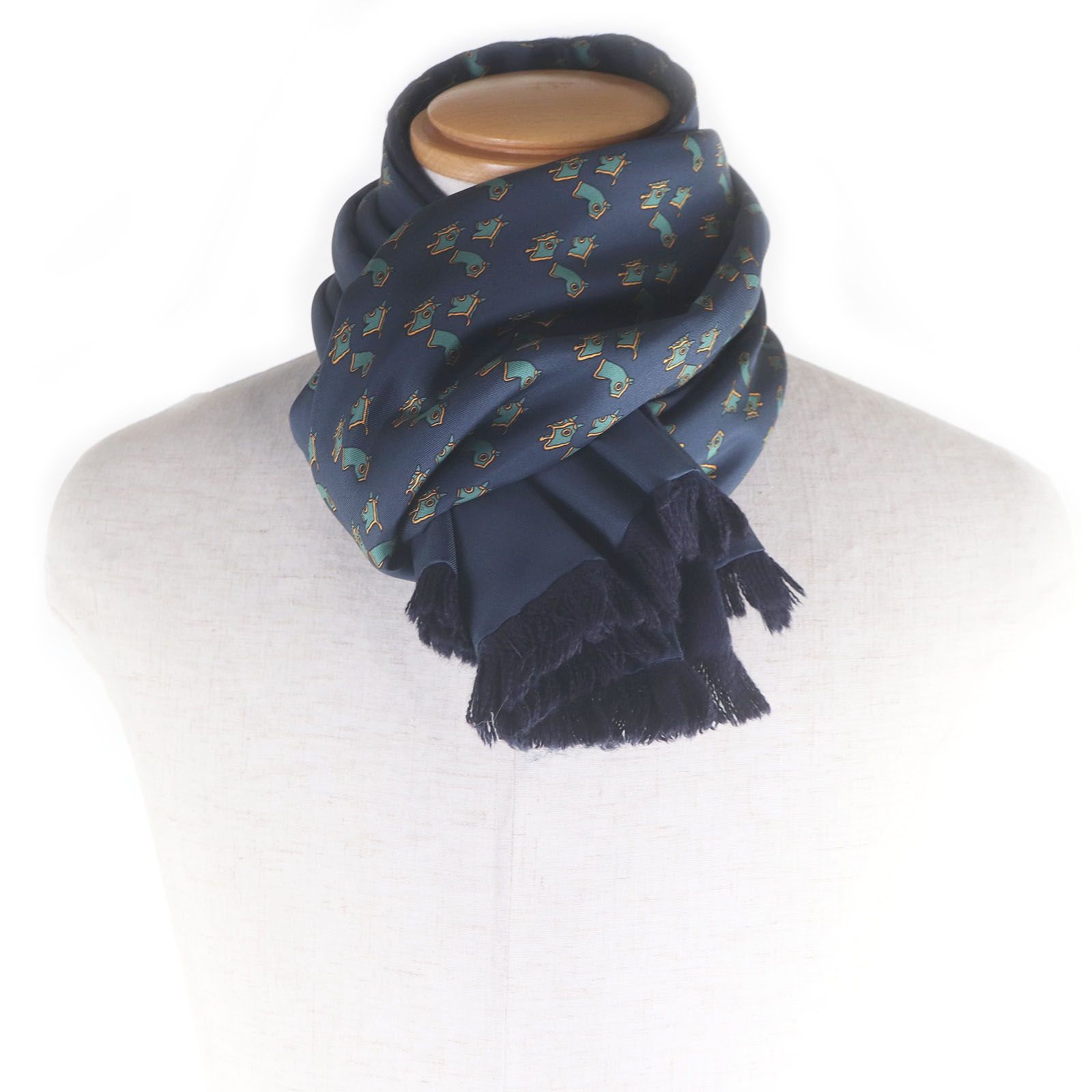 極美品□HERMES エルメス シルク アンゴラ ホース 馬具 総柄 フリンジ