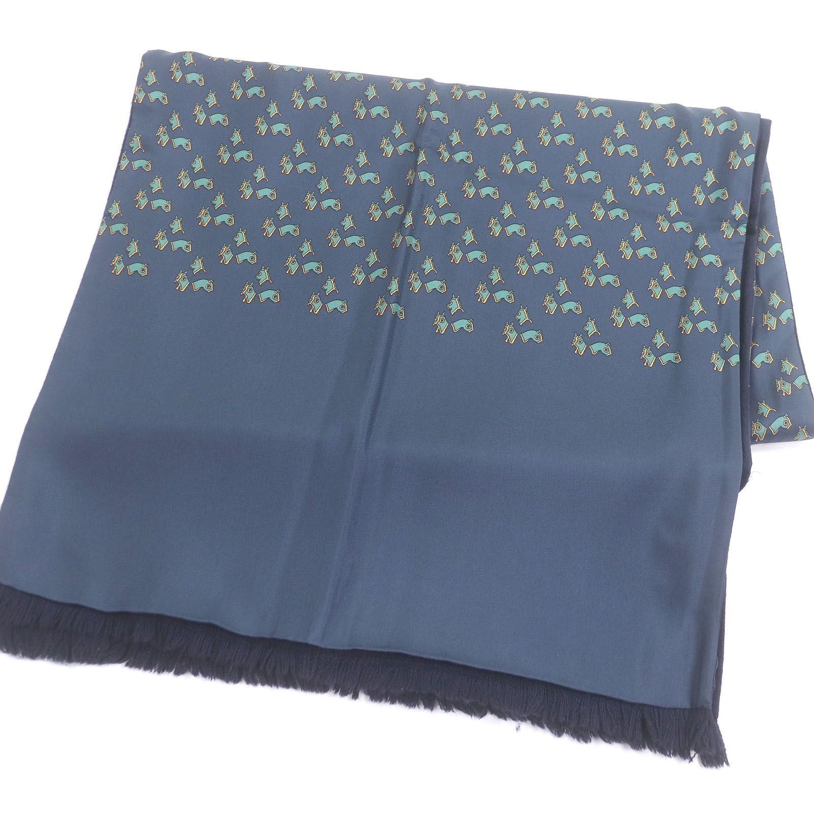 極美品□HERMES エルメス シルク アンゴラ ホース 馬具 総柄 フリンジ