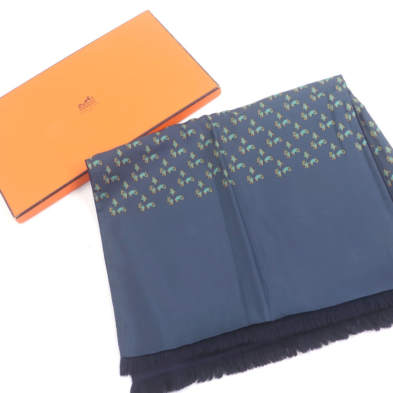 極美品□HERMES エルメス シルク アンゴラ ホース 馬具 総柄 フリンジ