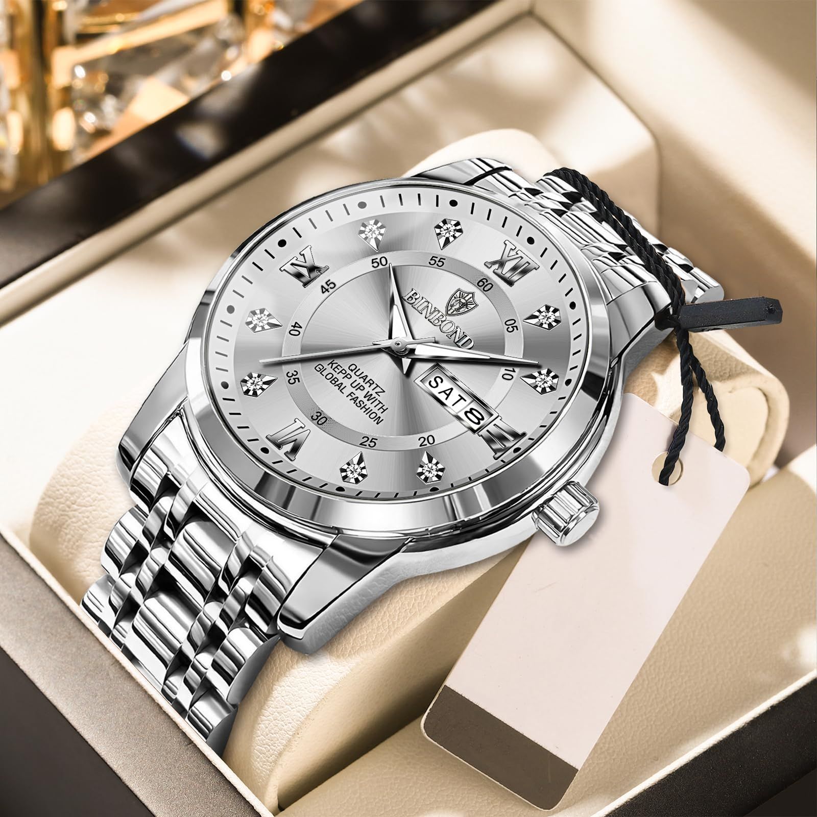 シルバークリスタル装飾クォーツ腕時計 腕時計 メンズ シルバー 防水 人気 クォーツ カレンダー watch for men