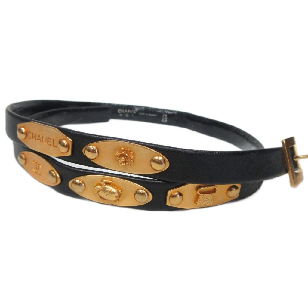 シャネル CHANEL 95 A レザー ベルト シンボルプレート マトラッセ ココマーク GP×革 ヴィンテージ 黒 ブラック ゴールド AA