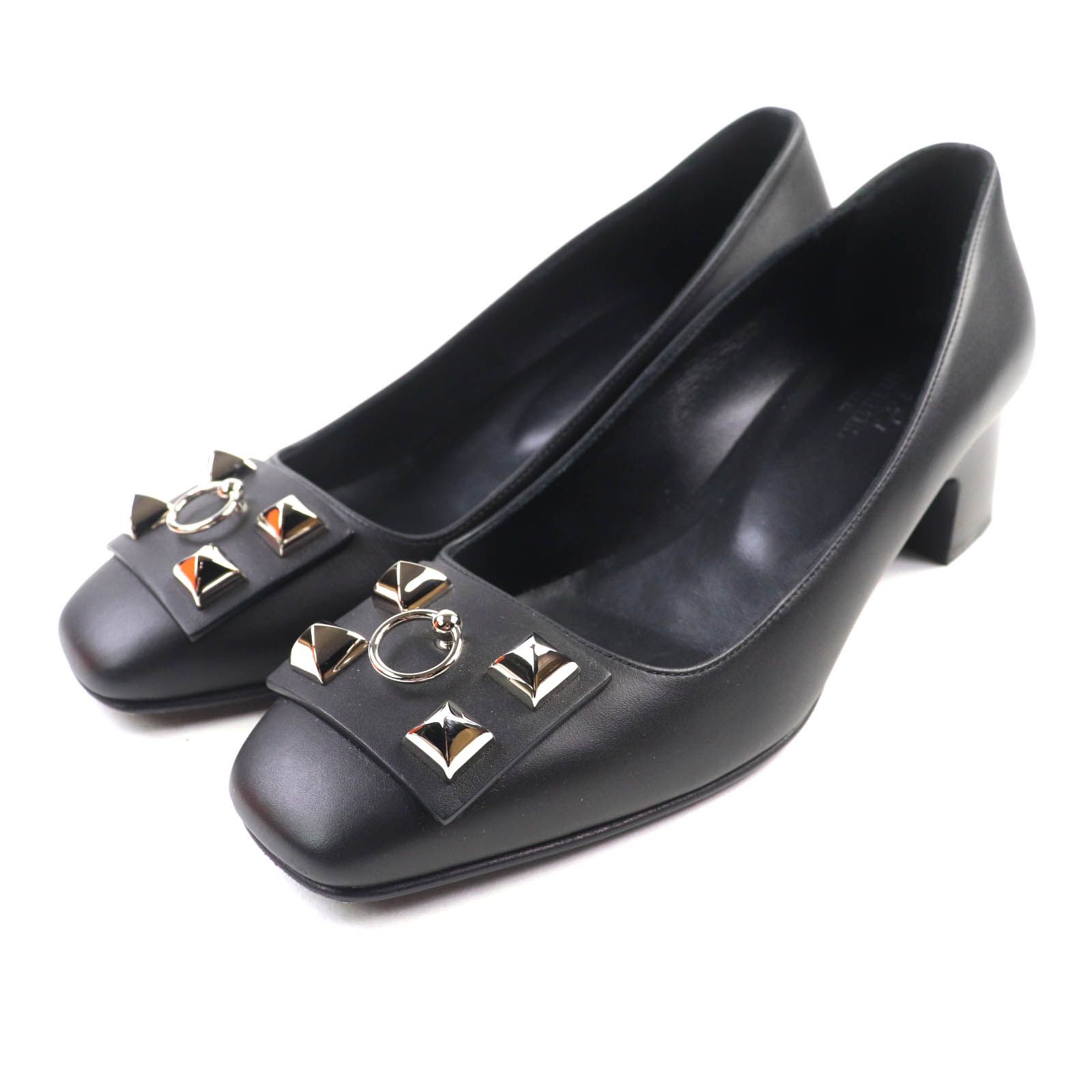 美品★HERMES エルメス シルバー金具 コリエドシアン デリケート スクエアトゥ チャンキーヒール レザー パンプス ブラック 37 箱・袋付 美品☆HERMES エルメス シルバー金具 コリエドシアン デリケート