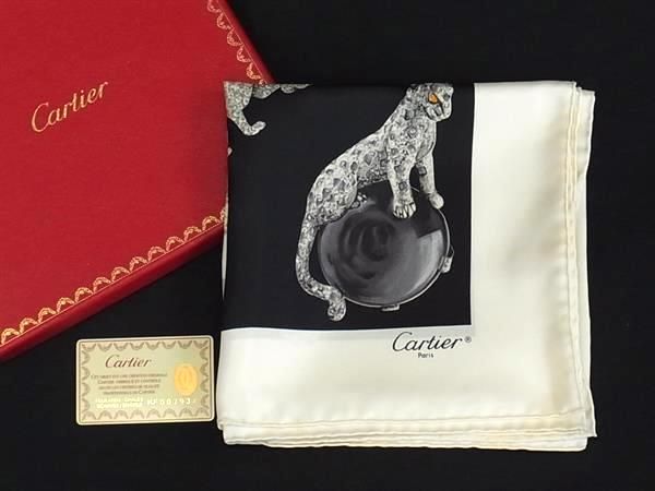 Cartier カルティエ シルク 大判 スカーフ ストール ショール レディース アイボリー系 ブラック系 FR 5886